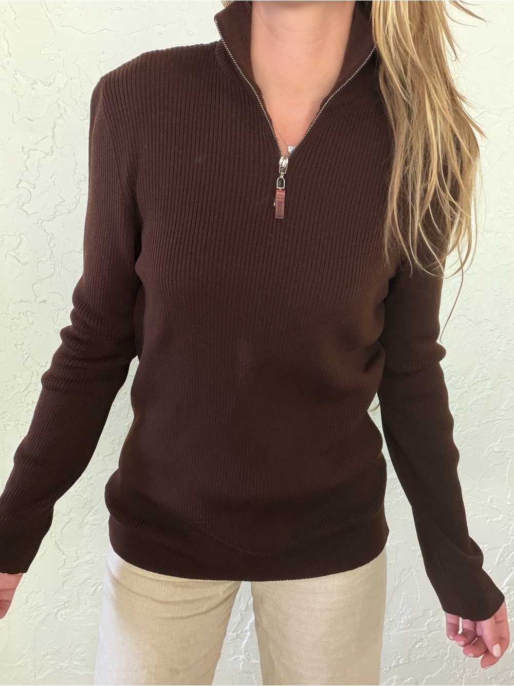 Versace Classic Chocolate Brown Ribbed Half-Zip Turtleneck Sweater